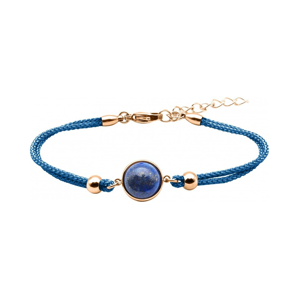 Bracelet en acier rosé et coton bleu foncé - cabochon lapis lazuli - 11mm YOLA - IG 373