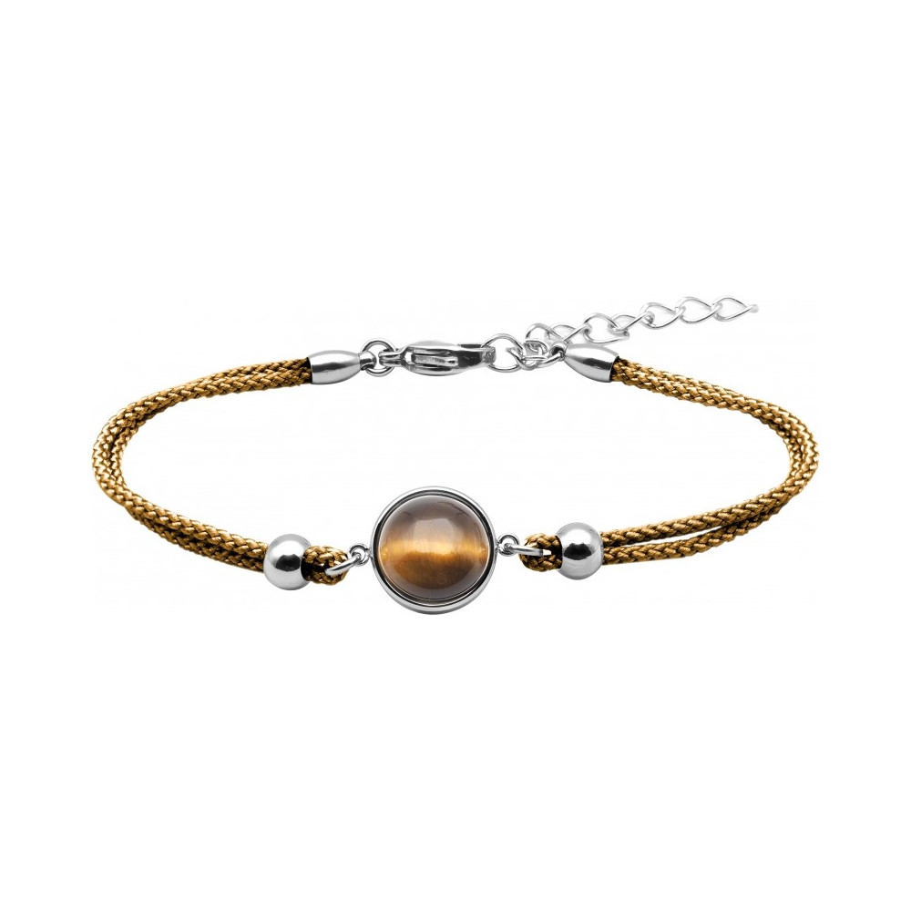 Bracelet en acier et coton marron - cabochon Oeil de tigre - 11mm YOLA - IG 377