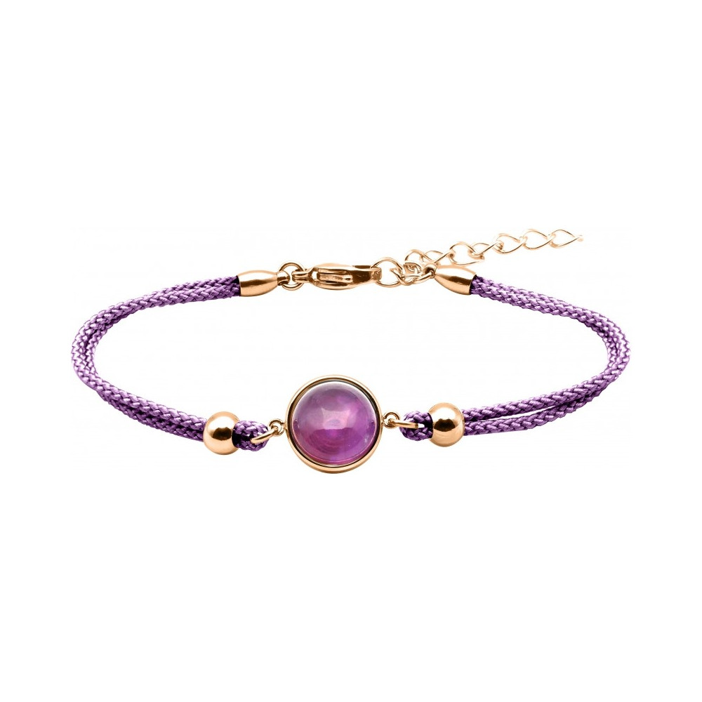 Bracelet en acier rosé et coton violet - cabochon améthyste - 11mm YOLA - IG 378