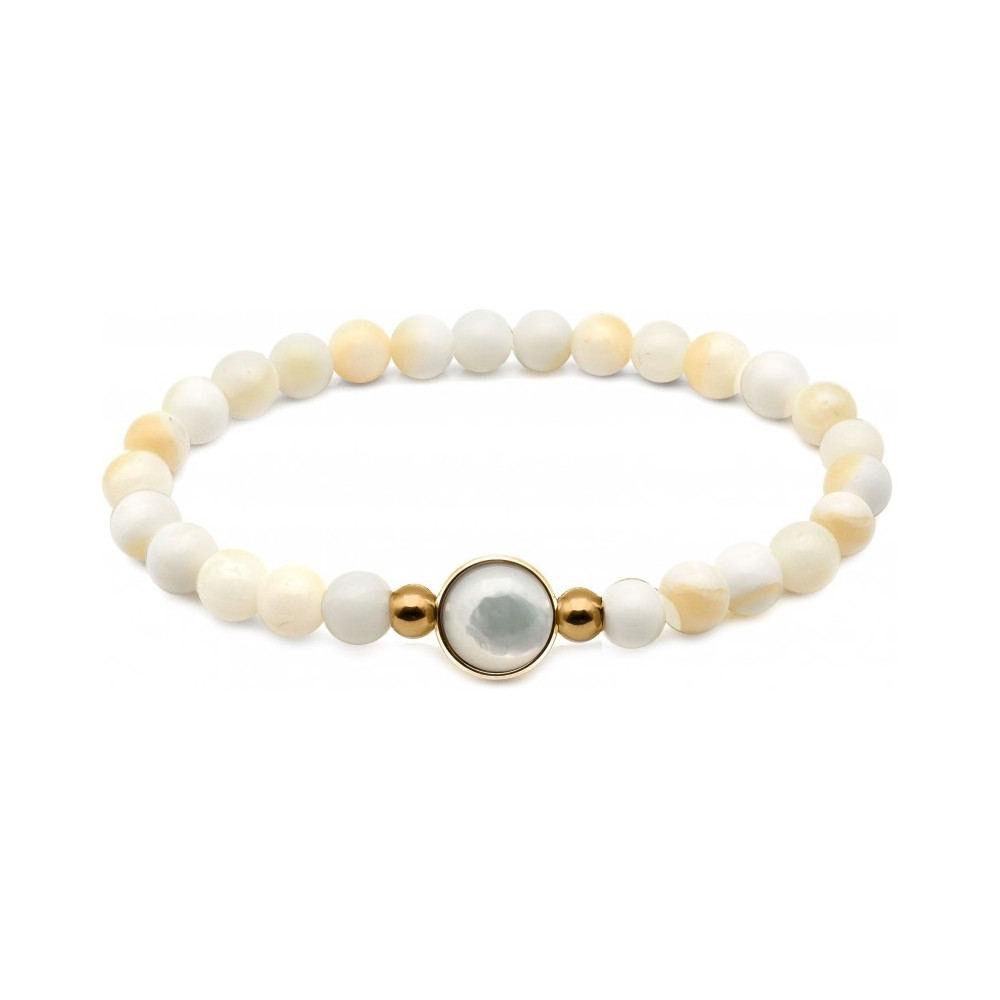 Bracelet élastique - billes nacre blanche 6mm - cabochon acier doré et nacre blanche 11mm YOLA - IG 385