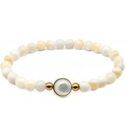 Bracelet élastique - billes nacre blanche 6mm - cabochon acier doré et nacre blanche 11mm YOLA - IG 385