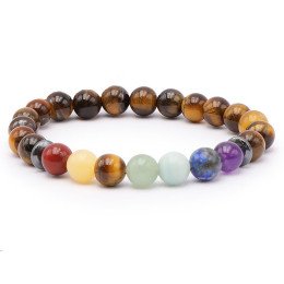 Bracelet pierres naturelles 8mm 7chakras+oeil de tigre A