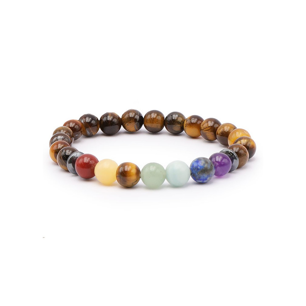 Bracelet pierres naturelles 8mm 7chakras+oeil de tigre A