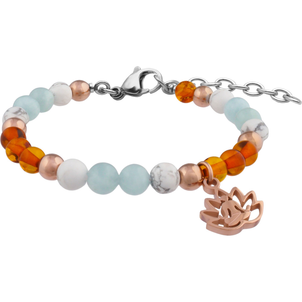 Le Bracelet STILIVITA en acier, Collection Médecine naturelle, BELLE PEAU, Ambre, Howlite, Aigue marine, SI 384
