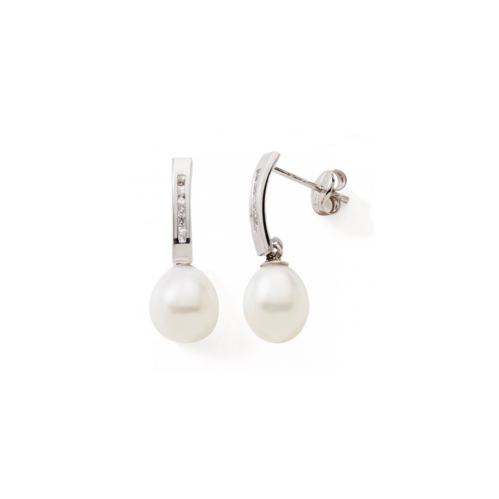 Les Boucles d'oreilles pendantes or gris 375/1000, perles de culture et oxydes de zirconium by Stauffer