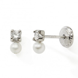 Les Boucles d'oreilles or gris 375/1000 et perles de culture 3 mm et oxydes de zirconium, by Stauffer